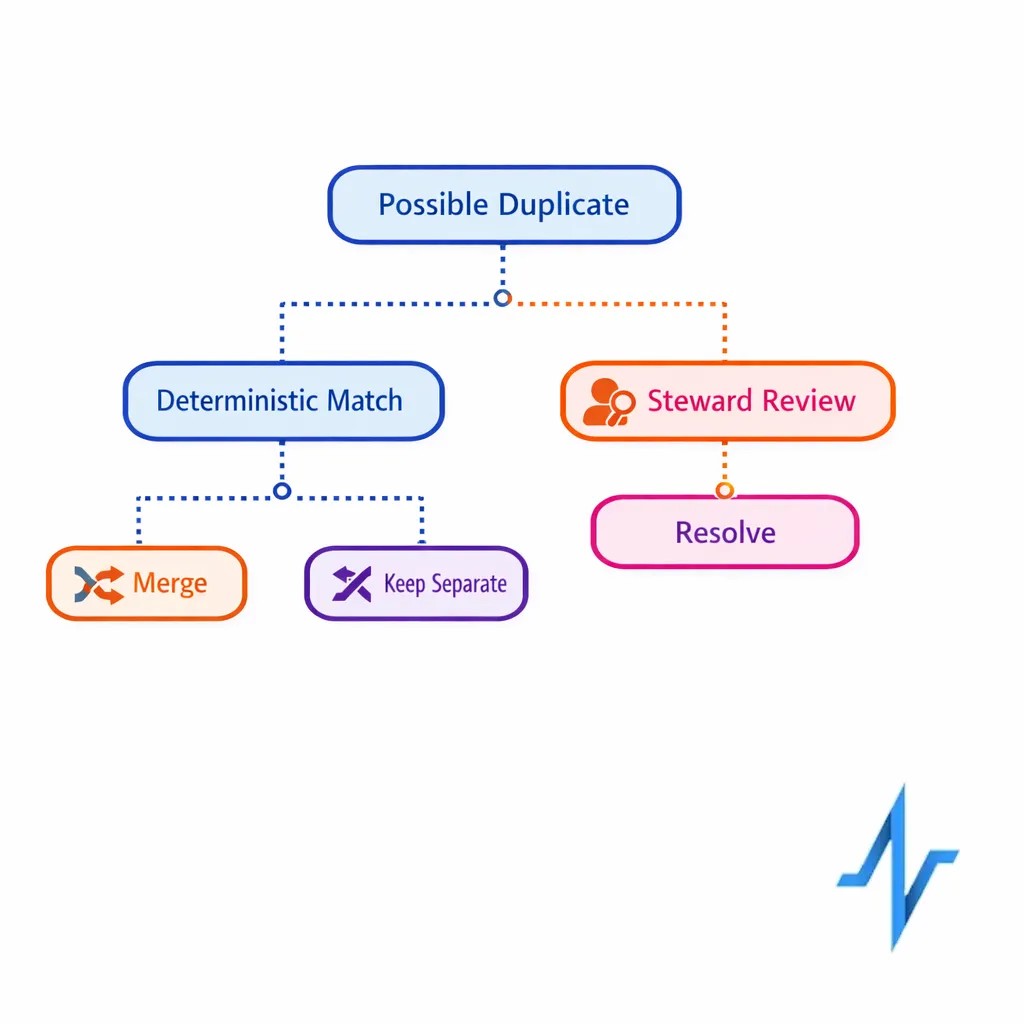 A decision tree shows deterministic rules first, then stewardship review for duplicate records.