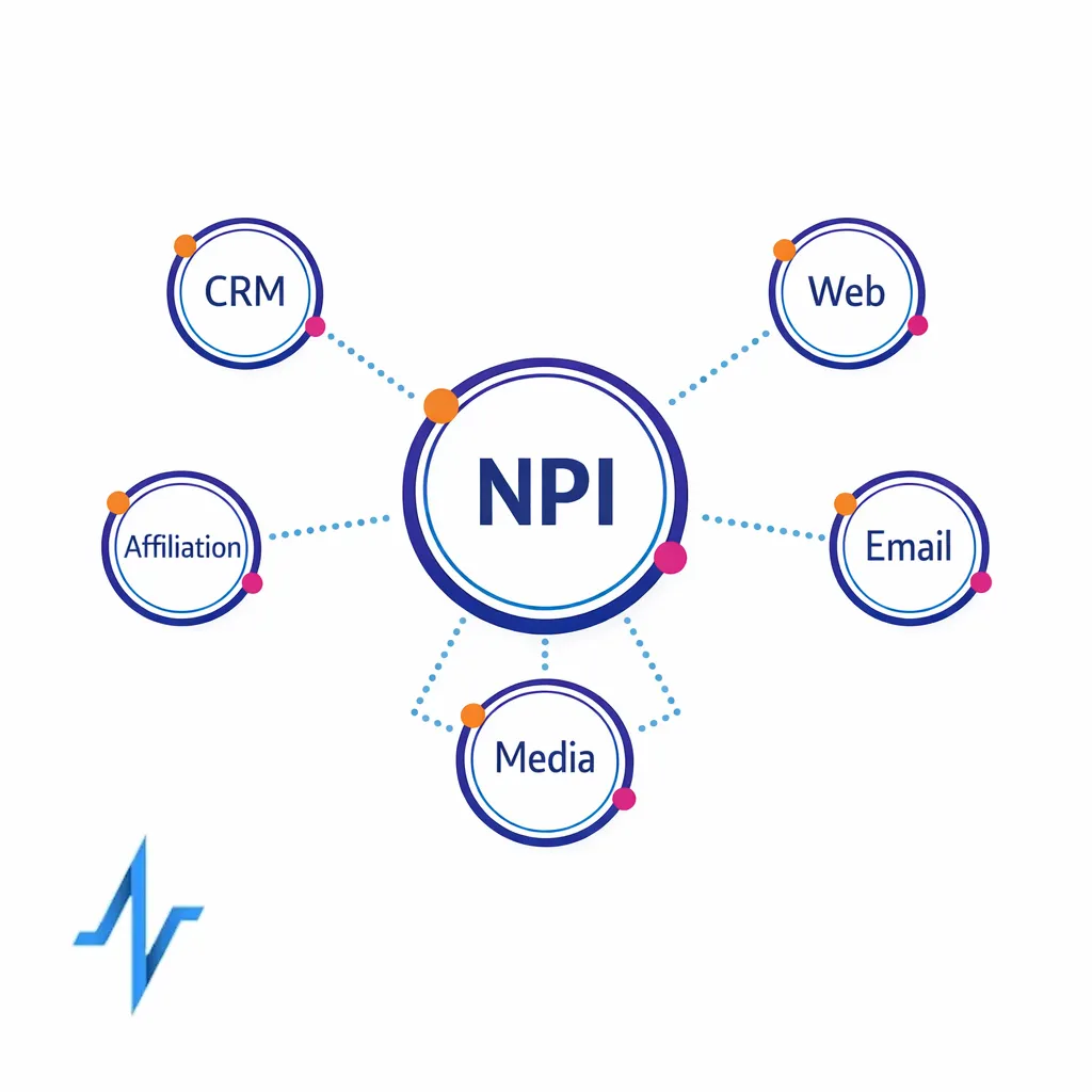 A graph shows NPI as an anchor node connected to channels and affiliations for HCP identity matching.