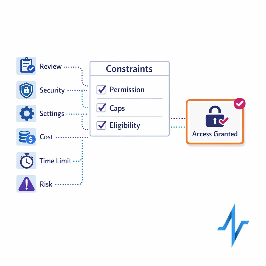 Multiple action tiles are filtered by a constraint checklist and only one is selected.