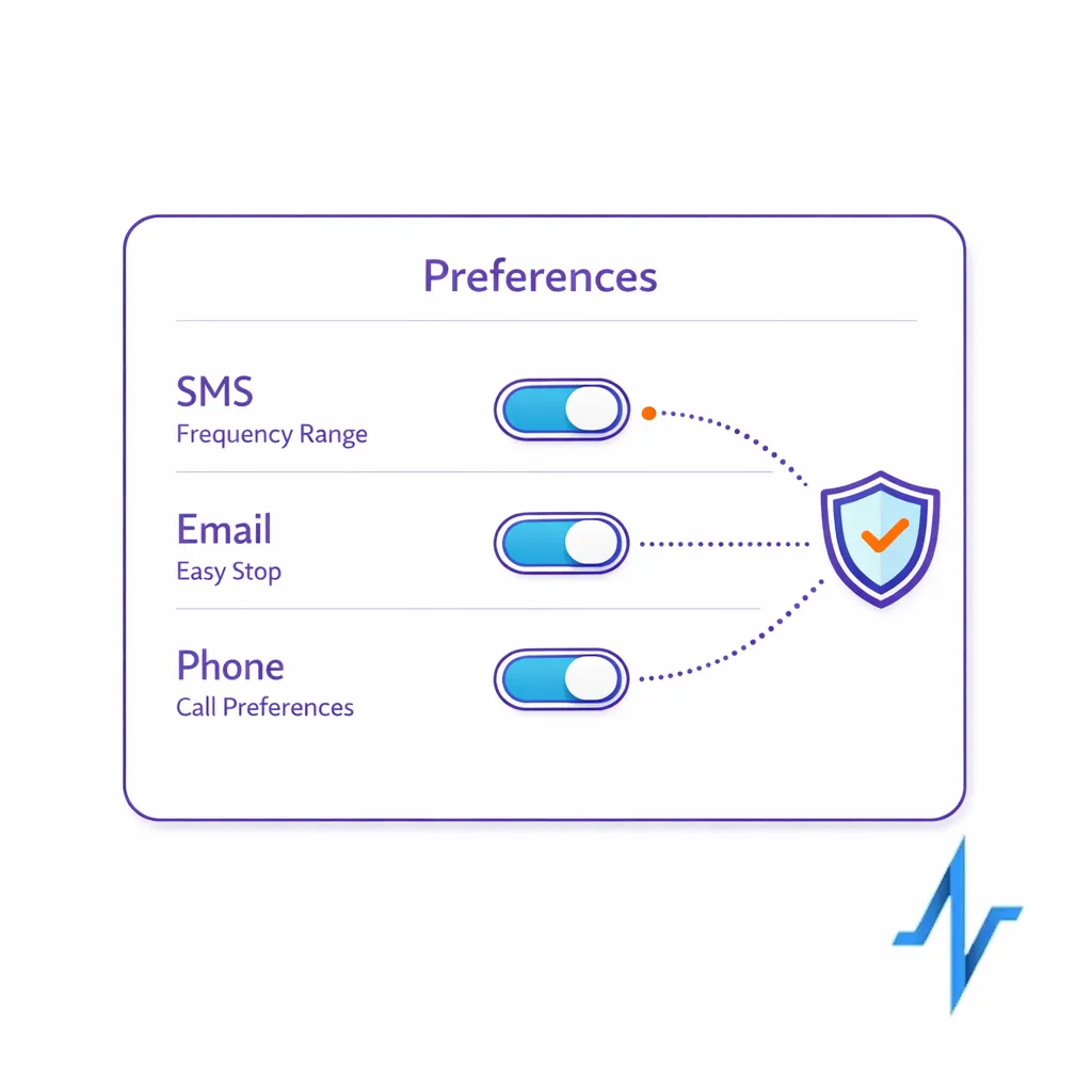 A simple selector shows opt-ins for SMS, Email, and Phone with clear frequency and stop expectations.