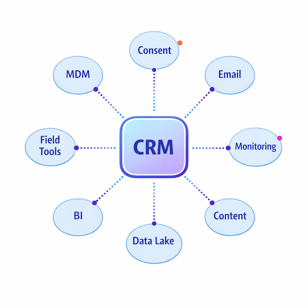 A hub-and-spoke diagram maps CRM connections to identity, consent, channels, and analytics systems.