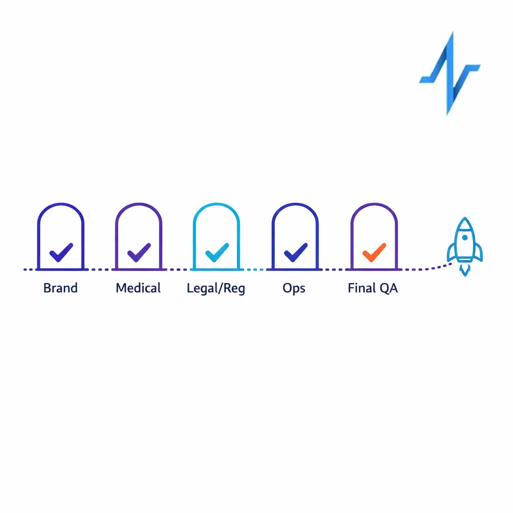 A staged gate checklist shows brand, medical, legal, ops, and final QA sign-offs.