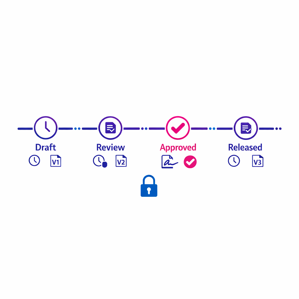 A digital approval trail shows timestamps, versioning, and e-signature style markers without sensitive data.