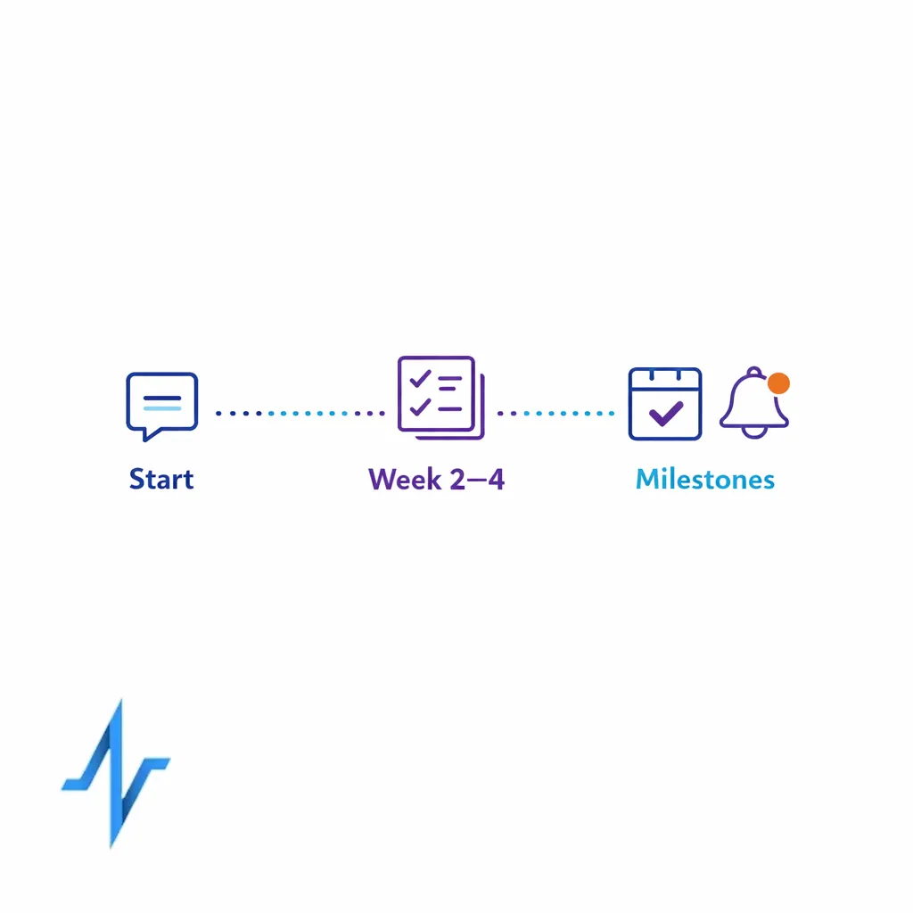 A minimal calendar-like cadence for start of therapy, weeks two to four, and milestone touches.