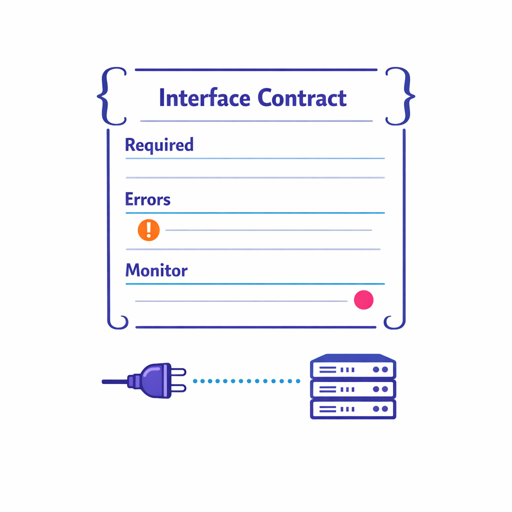 A simplified API payload card shows required fields, error handling, and monitoring expectations.