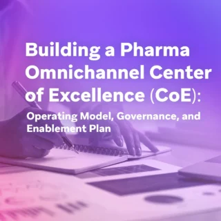 Purple gradient cover image for a pharma omnichannel center of excellence operating model and governance plan.