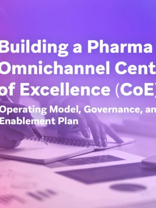 Purple gradient cover image for a pharma omnichannel center of excellence operating model and governance plan.