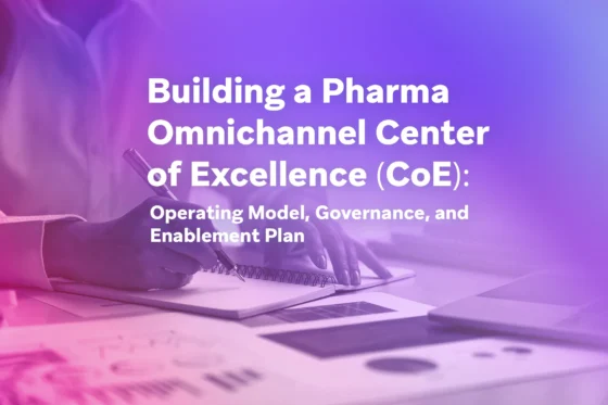 Purple gradient cover image for a pharma omnichannel center of excellence operating model and governance plan.