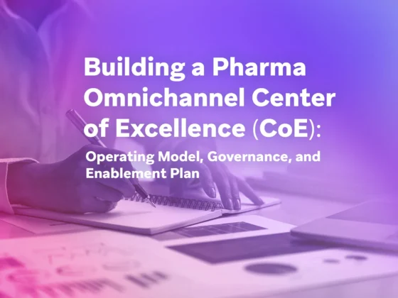 Purple gradient cover image for a pharma omnichannel center of excellence operating model and governance plan.