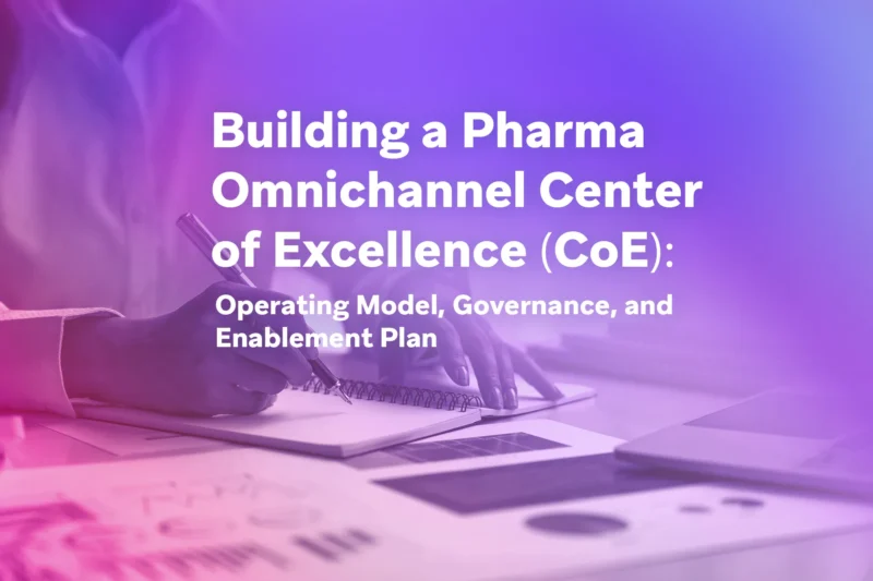 Purple gradient cover image for a pharma omnichannel center of excellence operating model and governance plan.