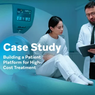 Case study cover showing clinicians reviewing a tablet beside medical equipment for a high-cost treatment patient platform.