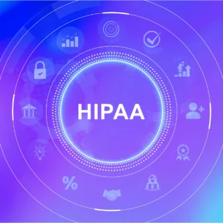 Blue and purple HIPAA data privacy graphic with circular compliance icons and a glowing central HIPAA label.