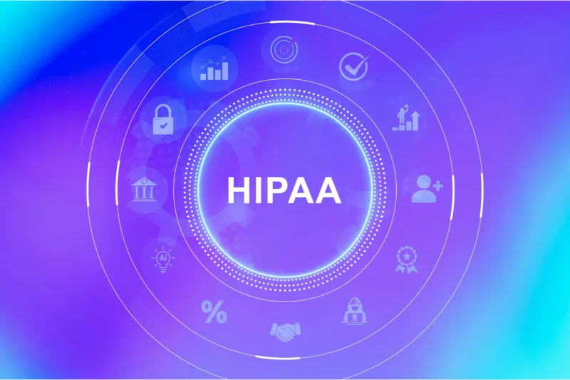 Blue and purple HIPAA data privacy graphic with circular compliance icons and a glowing central HIPAA label.