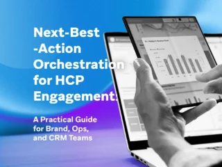 Cover image showing analytics on a tablet for next-best-action orchestration in HCP engagement.