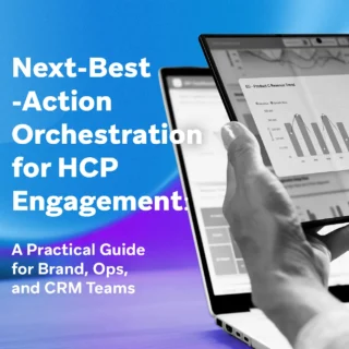 Cover image showing analytics on a tablet for next-best-action orchestration in HCP engagement.
