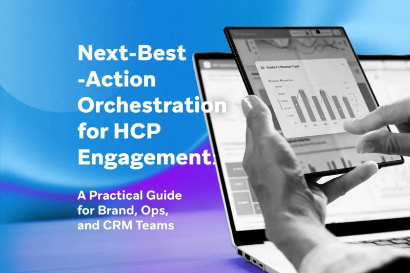 Cover image showing analytics on a tablet for next-best-action orchestration in HCP engagement.