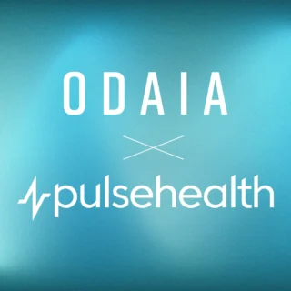 Teal partnership graphic featuring ODAIA and Pulse Health logos on a soft gradient background.