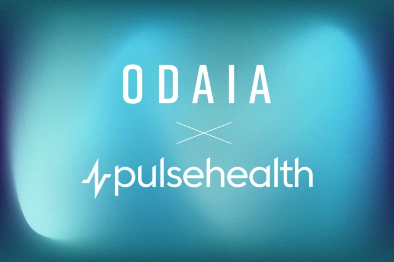 Teal partnership graphic featuring ODAIA and Pulse Health logos on a soft gradient background.