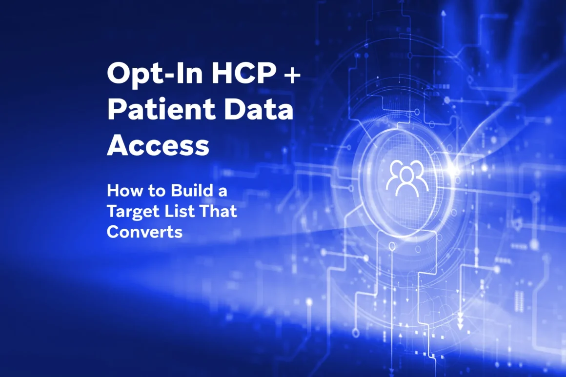 Blue digital network graphic for opt-in HCP and patient data access and target list building.