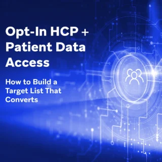 Blue digital network graphic for opt-in HCP and patient data access and target list building.
