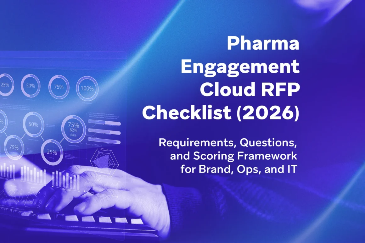 Purple and blue RFP checklist cover with analytics dashboard elements and pharma engagement cloud text.