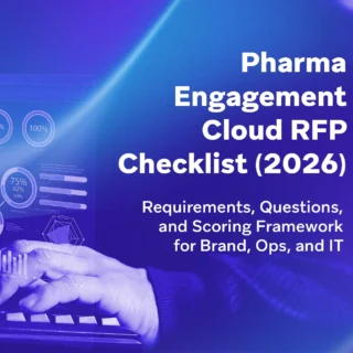 Purple and blue RFP checklist cover with analytics dashboard elements and pharma engagement cloud text.