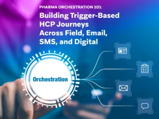 Digital graphic showing an orchestration hub connected to web, checklist, email, and chat icons, illustrating trigger-based HCP journeys across field, email, SMS, and digital channels.