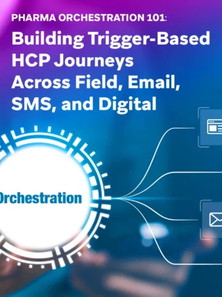 Digital graphic showing an orchestration hub connected to web, checklist, email, and chat icons, illustrating trigger-based HCP journeys across field, email, SMS, and digital channels.
