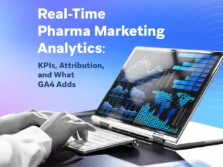 Laptop displaying analytics dashboards and charts next to text about real-time pharma marketing analytics, including KPIs, attribution, and GA4 insights.
