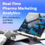 Laptop displaying analytics dashboards and charts next to text about real-time pharma marketing analytics, including KPIs, attribution, and GA4 insights.