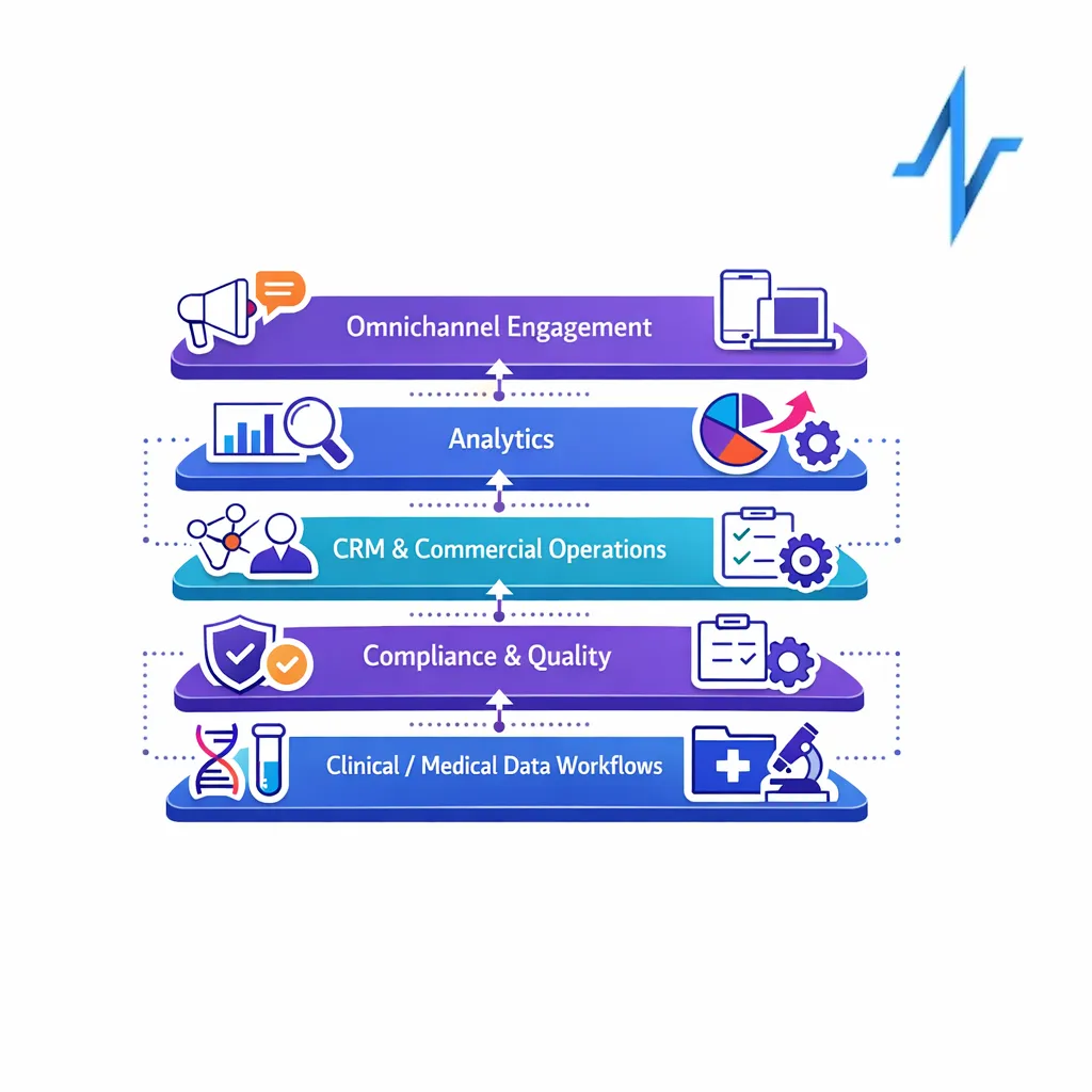 A clean central stack diagram shows key life sciences software layers for pharma teams.