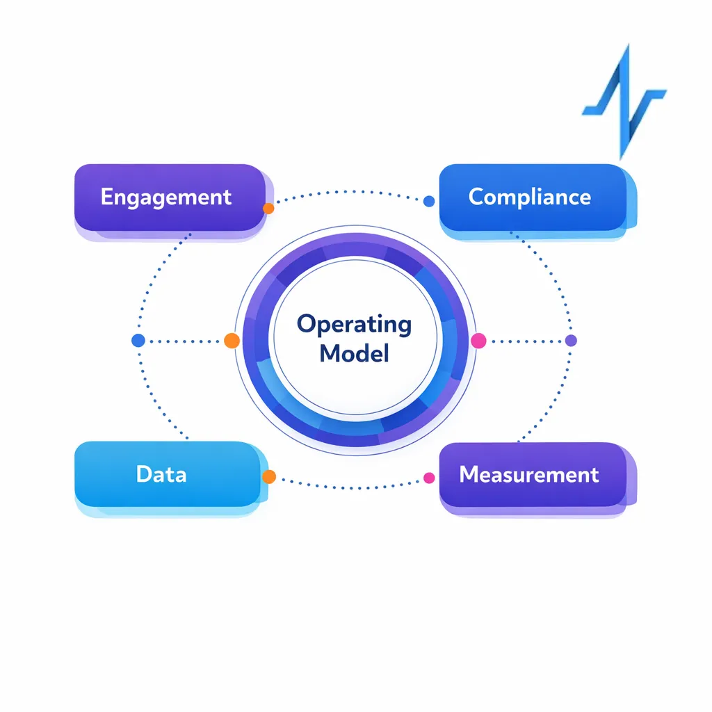 A central framework diagram shows how engagement, data, compliance, and measurement connect in pharma software evaluation.