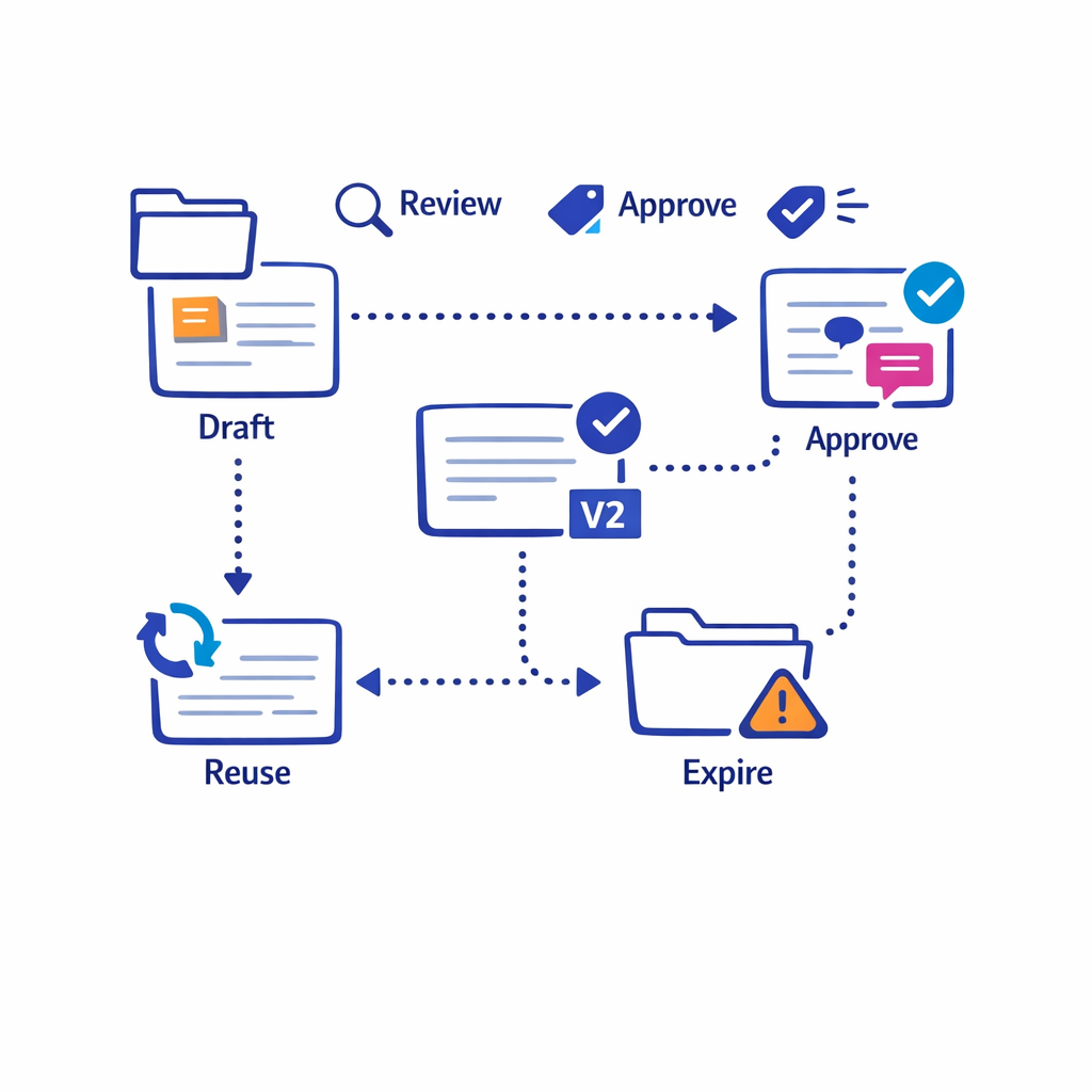 Modular content blocks move through review states and reuse paths with clear traceability.