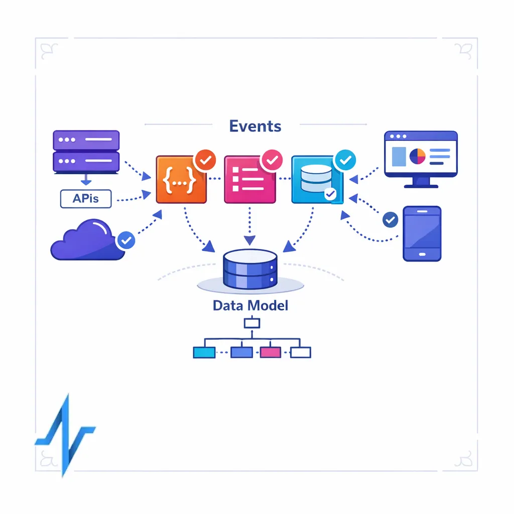 A clean interface diagram shows systems exchanging structured events through APIs and shared data models.