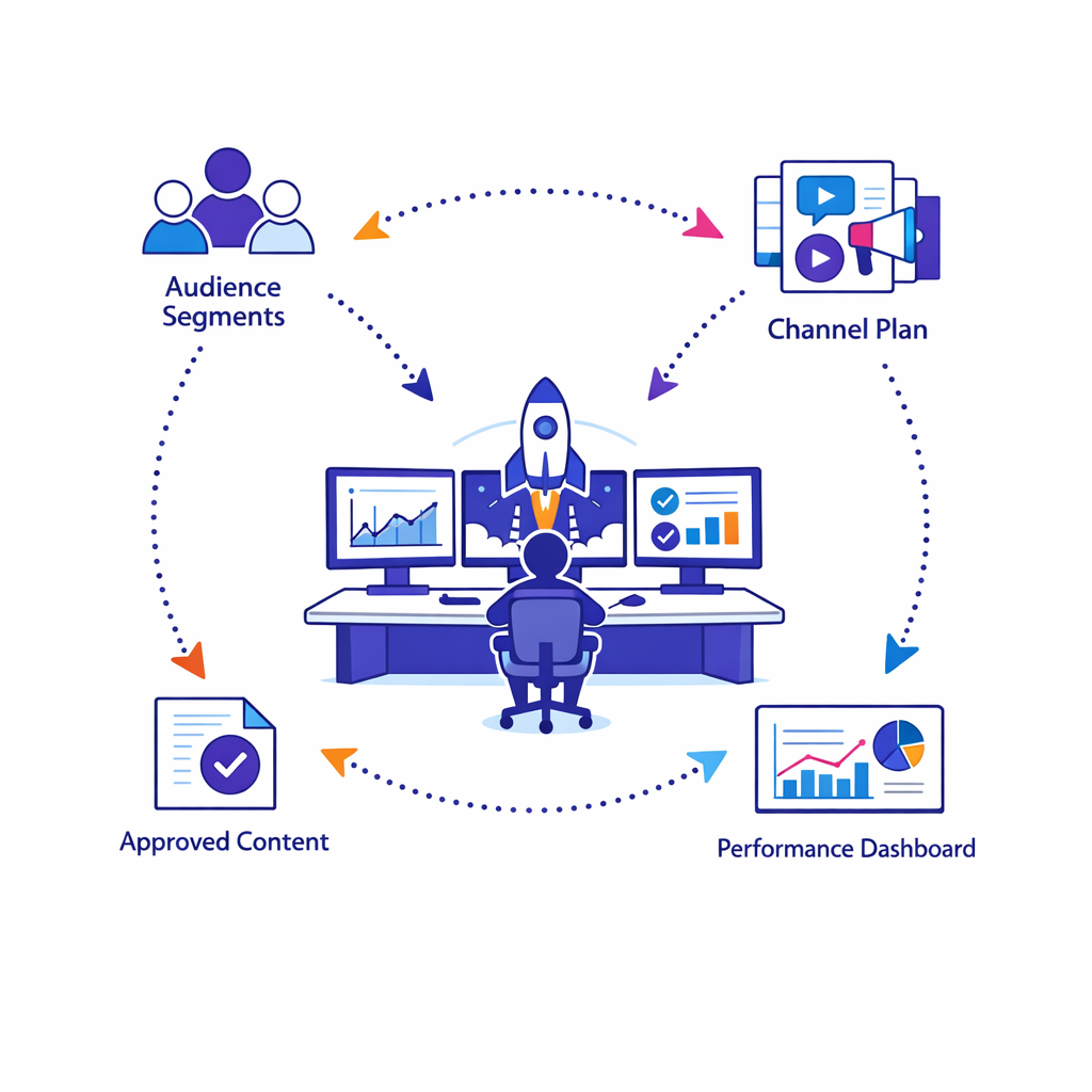 A launch scenario aligns segments, channels, content, and dashboards in one calm visual.