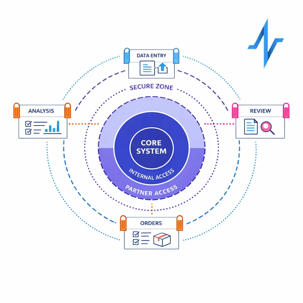External partners access specific workflow steps without seeing the whole system.