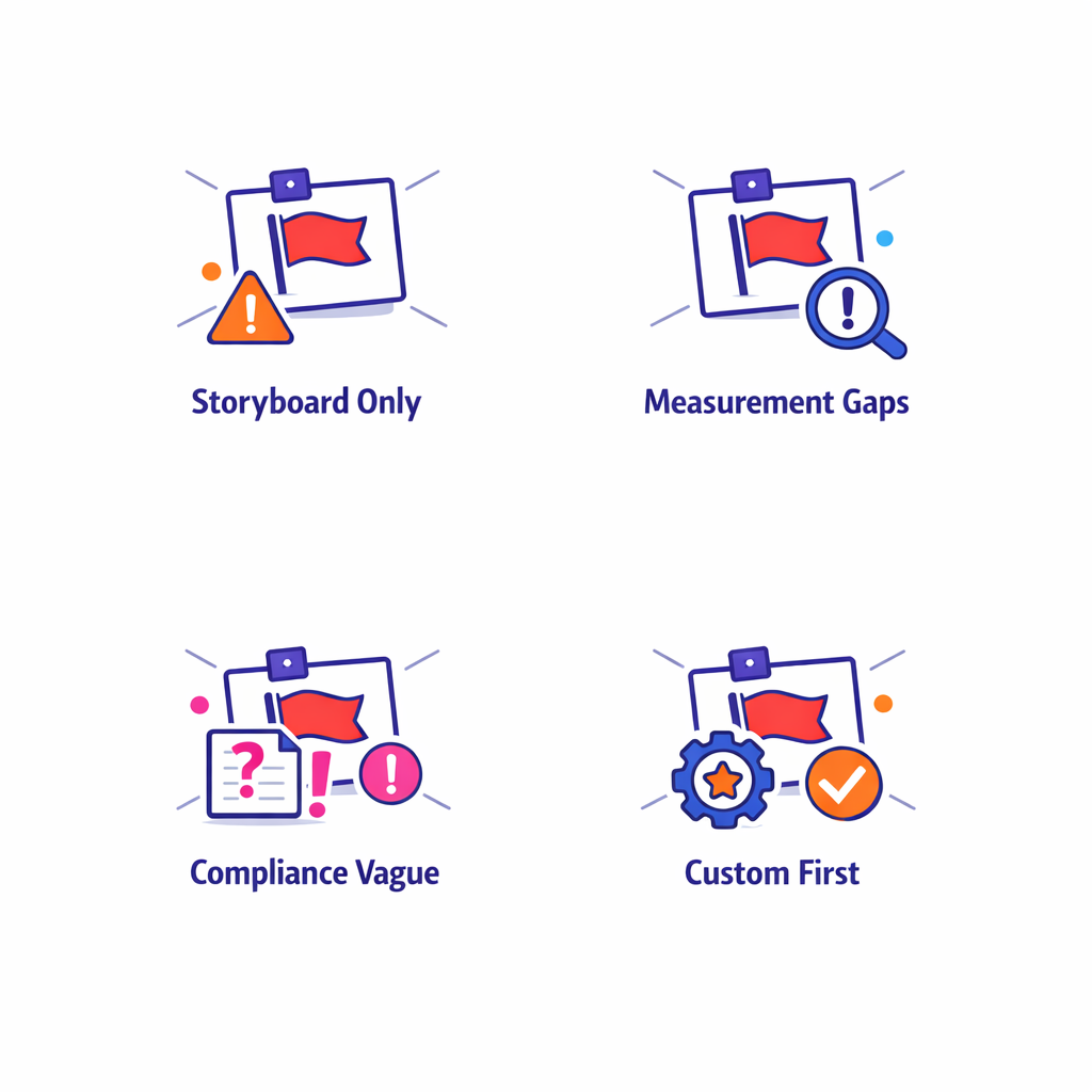 Warning markers highlight storyboard-only demos, weak measurement logic, vague compliance, and custom-first answers.