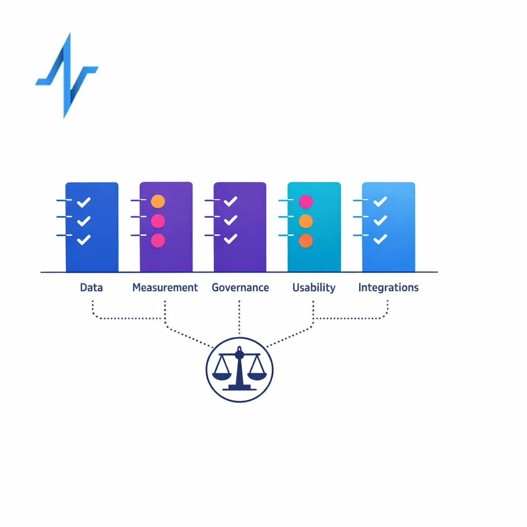 A balanced scorecard compares platforms across data, measurement, governance, usability, and integrations.