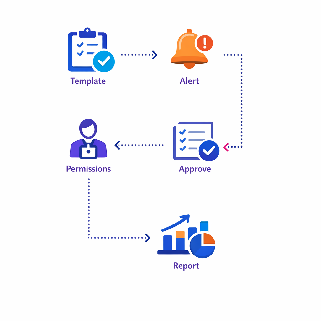 Guided steps, alerts, templates, and permissions form an easy-to-follow workflow path.