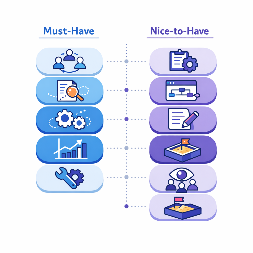Two tidy columns compare essential pharma software capabilities with secondary enhancements.