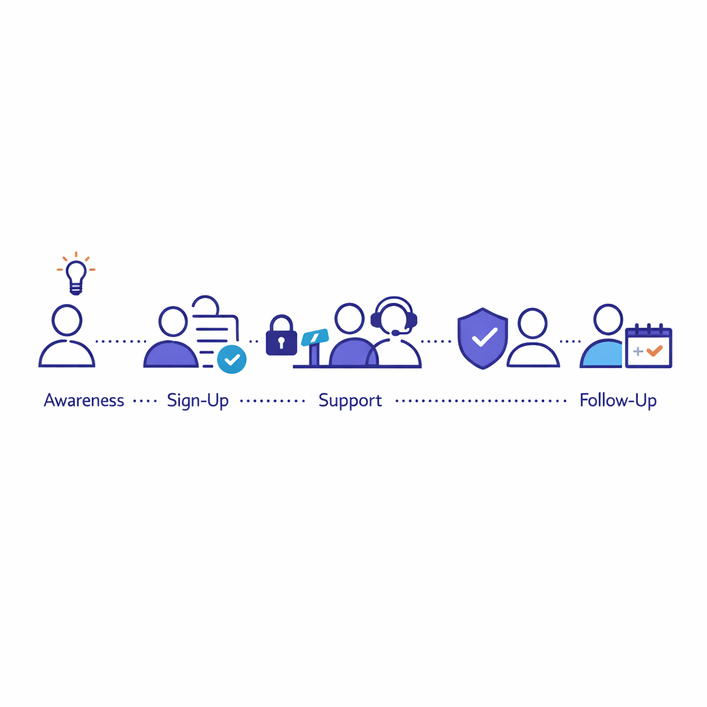 Awareness, sign-up, support, and follow-up connect through a careful patient flow diagram.