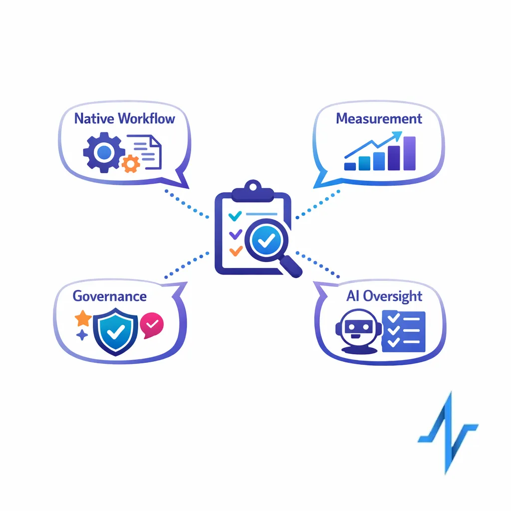 A structured question flow uncovers native workflows, measurement design, governance, and AI oversight.