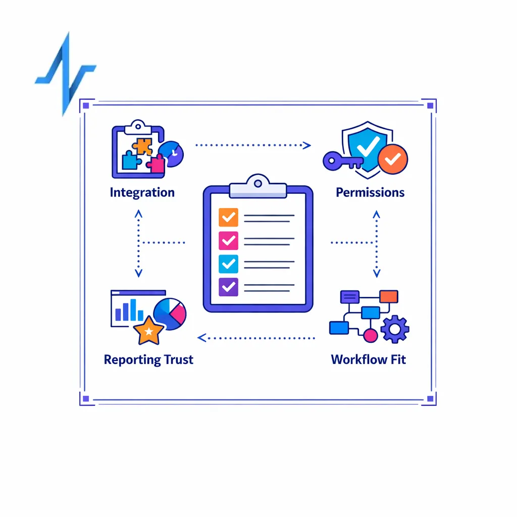 A structured checklist highlights integrations, permissions, reporting, and workflow fit.