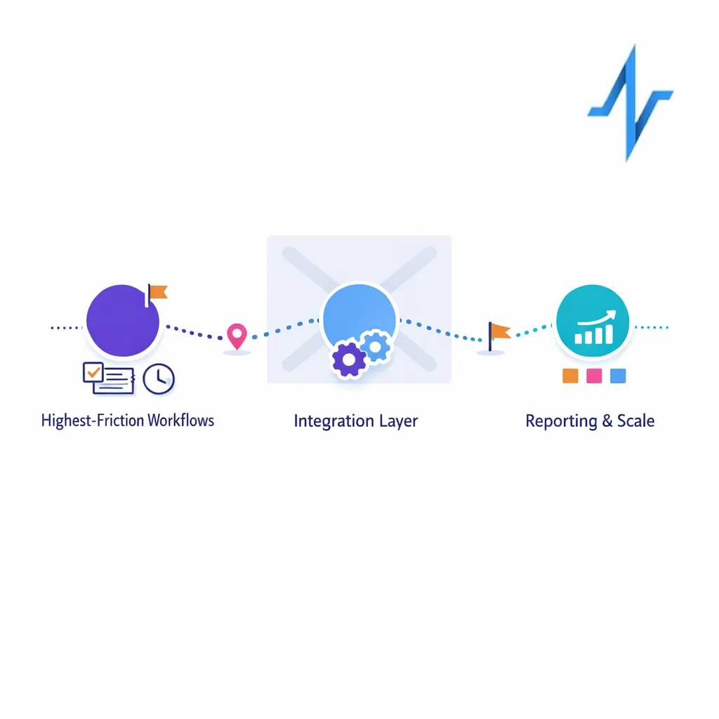 A three-phase roadmap prioritizes high-friction workflows, integrations, and measurable rollout milestones.