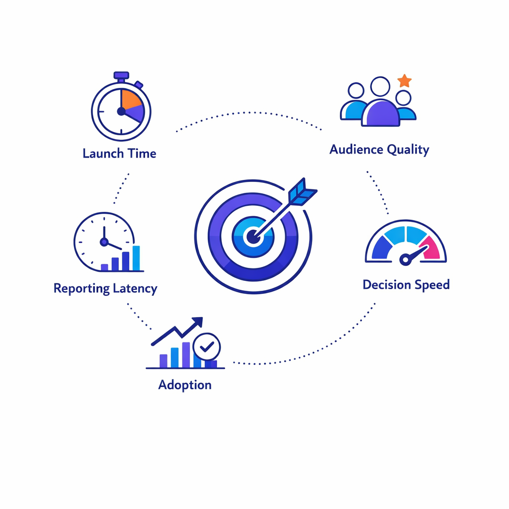 Launch time, audience quality, reporting latency, adoption, and decision speed are defined before go live.