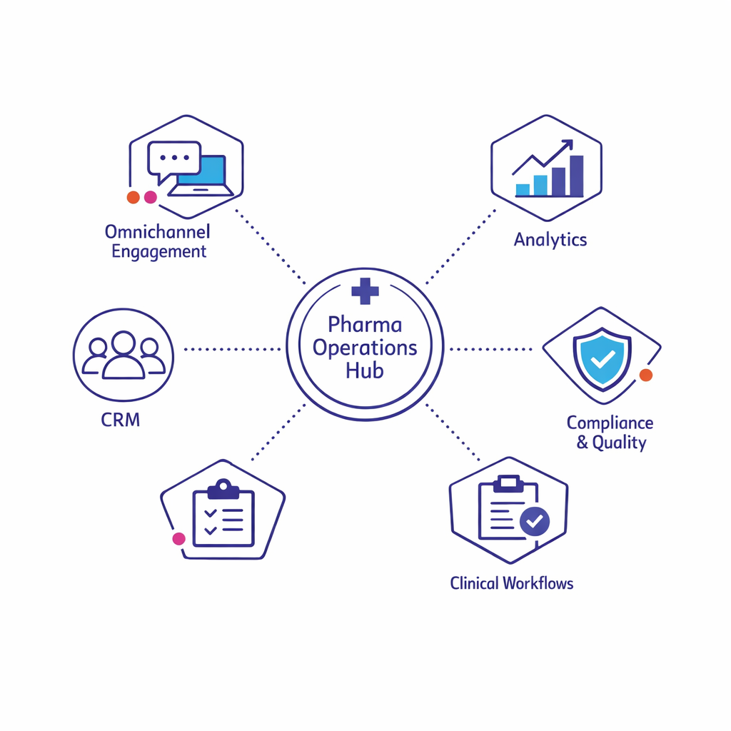 Five software categories orbit a central pharma operations hub in a minimal comparison graphic.