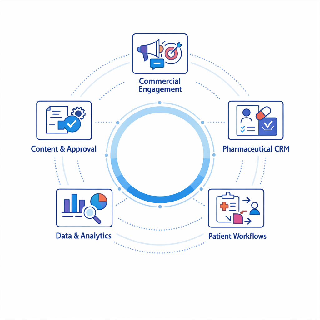 A modular ecosystem map shows CRM, content, patient workflows, analytics, and integrations as connected pharma software layers.