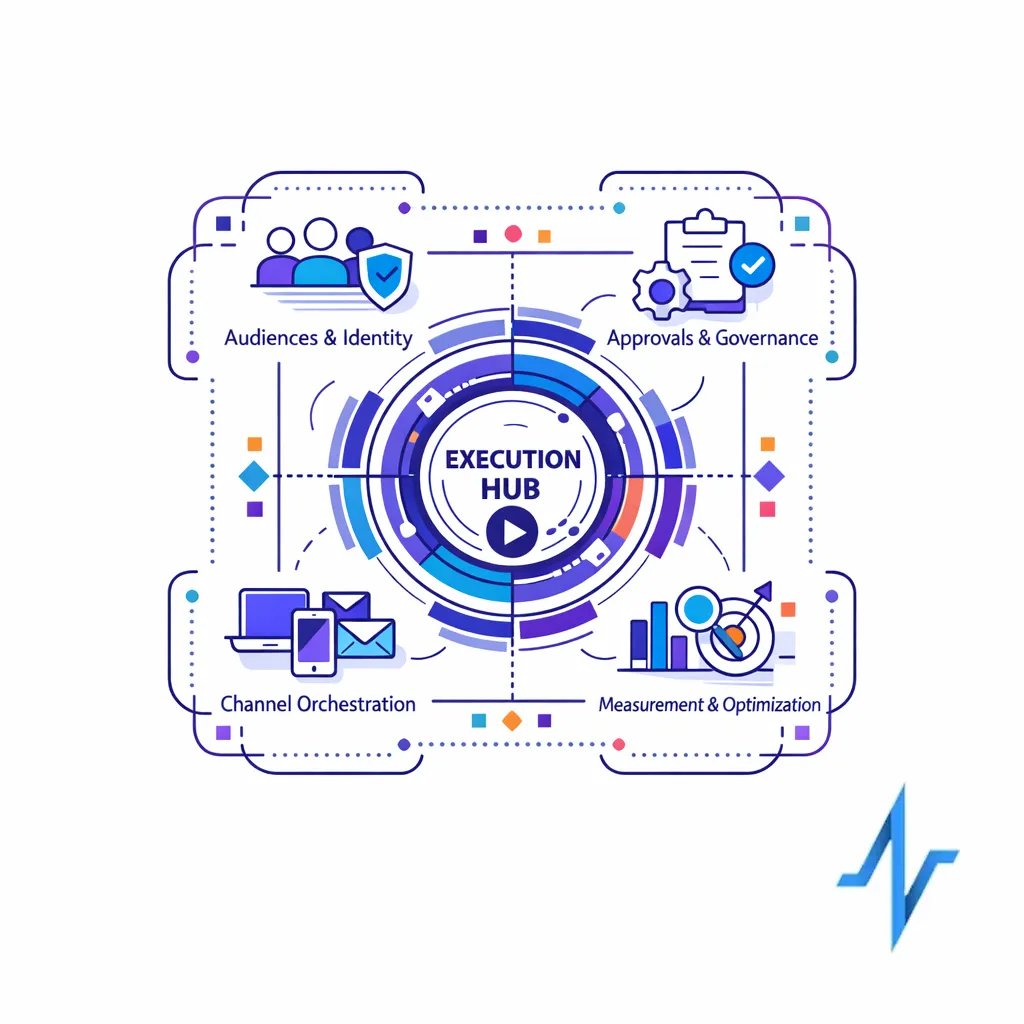 A connected framework shows audiences, approvals, channels, and measurement working together.