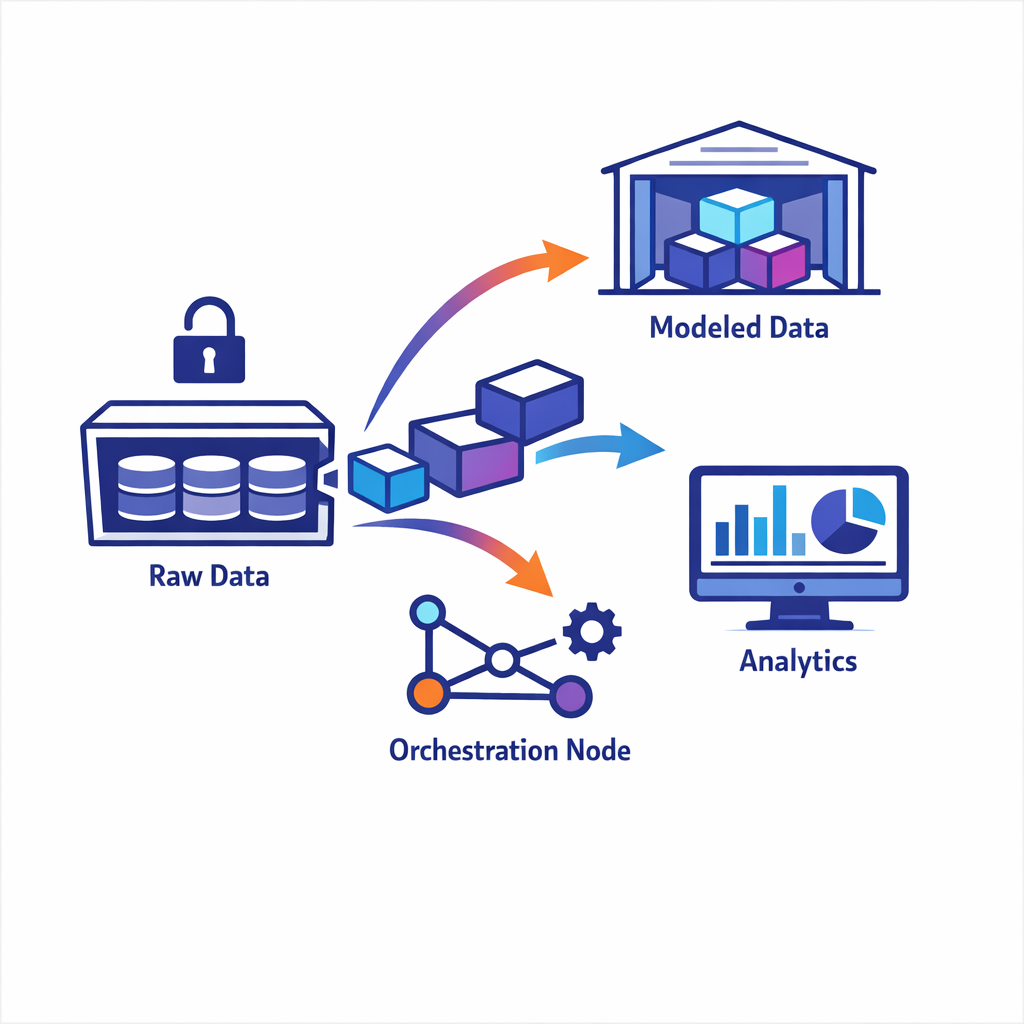 A portable data flow exits one platform into open models and downstream analytics without lock-in imagery.