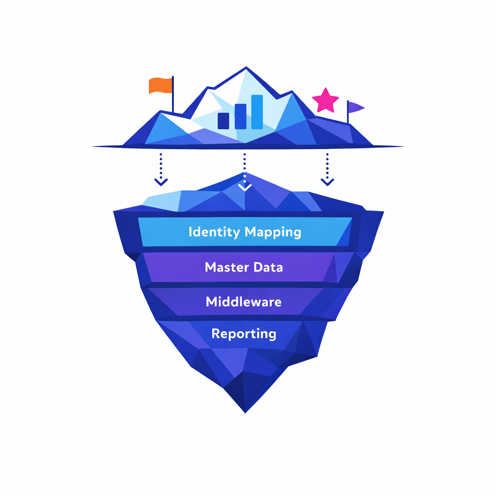 Front-end features sit above hidden layers of identity mapping, master data, middleware, and reporting dependencies.
